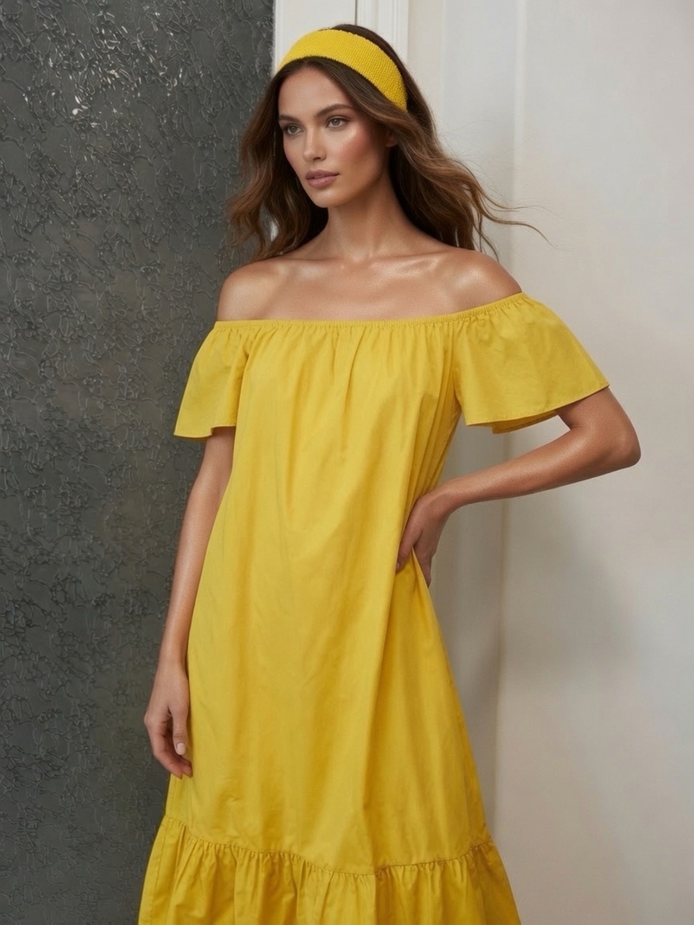 Tory Burch Canary Yellow Off-Shoulder Ruffle Hem Dress w/head band